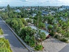 Aerial view of tropical waterfront neighborhood with lush palm trees and residential homes near the coastline.