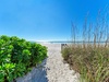 A pristine beach pathway winds through natural coastal vegetation toward the expansive sandy shoreline and crystal blue waters.
