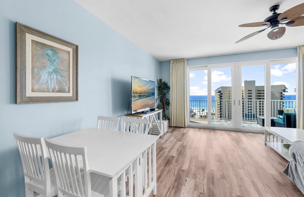 Modern dining area with ocean views through large windows