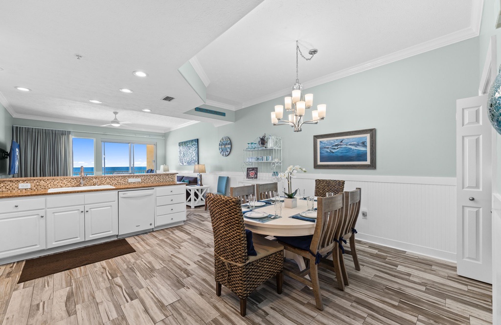 Open dining area with coastal views and modern decor