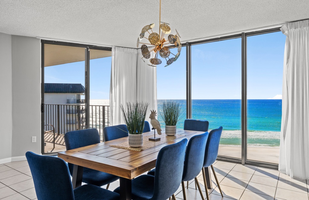 Dining area with ocean views and modern decor