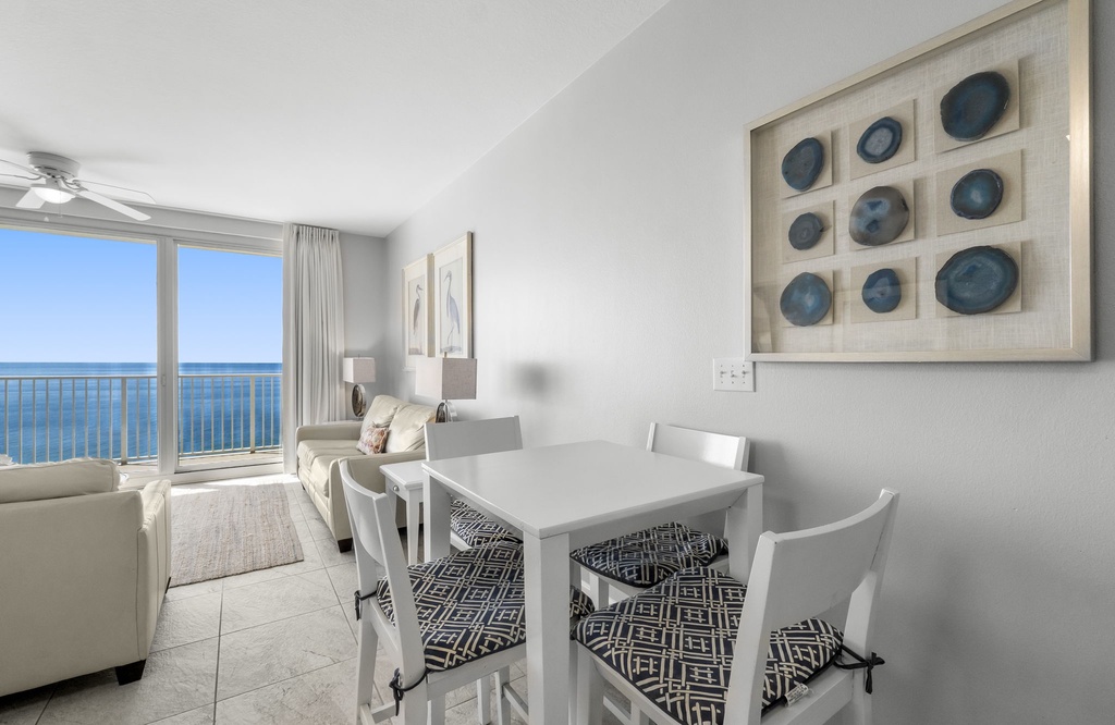 dining area with ocean view and modern decor