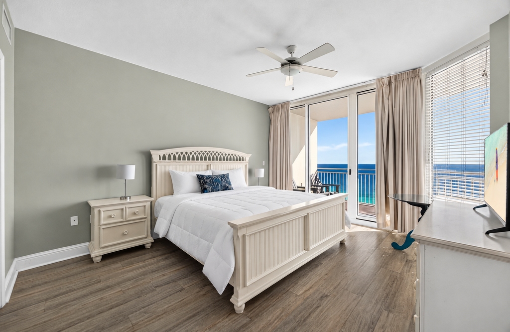 Wake up to breathtaking ocean views through your private balcony doors. Soft coastal breezes and natural light create a serene, restful haven for your seaside escape.