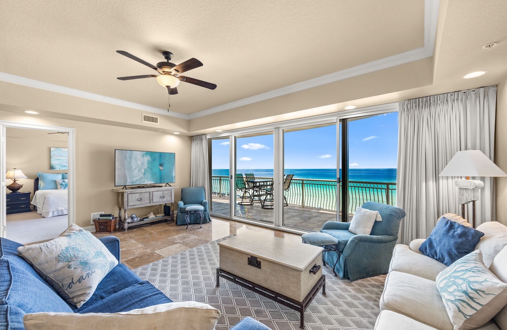 Wake up to endless ocean views from your living room. Relax in coastal-inspired comfort, step through sliding glass doors to your private balcony, and let the turquoise horizon become your daily backdrop.