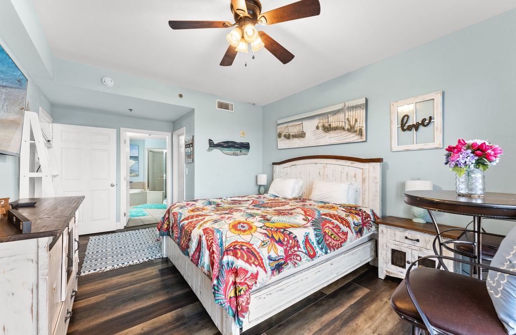 Cozy bedroom with coastal decor and natural light