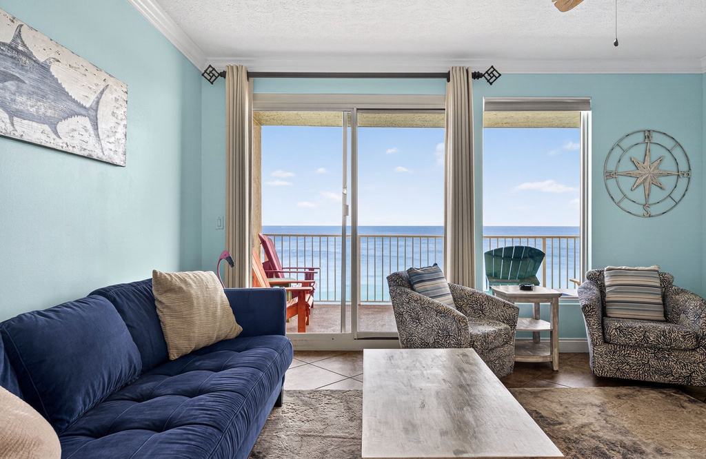 Relax in this coastal living room with ocean views and comfortable seating.