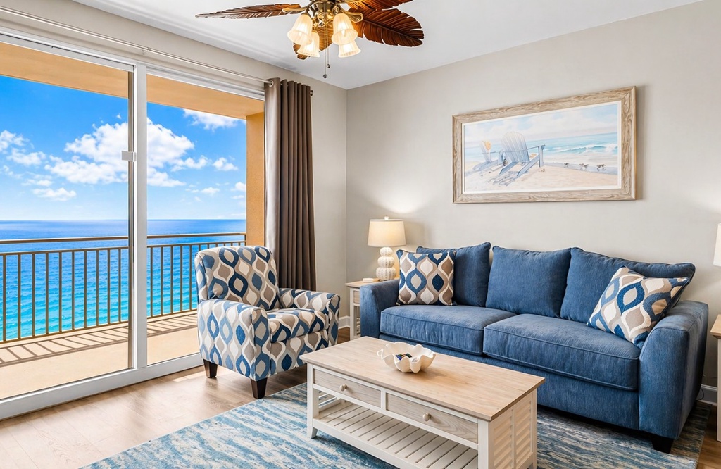 Relax in your bright living room where coastal-inspired décor meets stunning ocean views. Step onto your private balcony to breathe in the sea breeze and soak up the endless blue horizon.