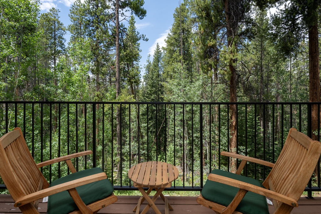 Unwind on your private deck surrounded by towering pines. These inviting chairs offer a peaceful forest retreat where you can breathe in the fresh mountain air and reconnect with nature.