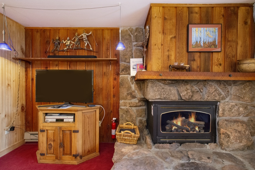 Cozy up by your stone fireplace with crackling flames while enjoying your favorite shows on the flat-screen TV in this warm, wood-paneled retreat.