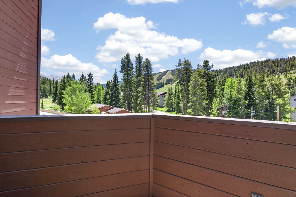 Panoramic mountain and forest views stretch across the valley, with ski slopes visible in the distance and lush evergreens framing the summer landscape.