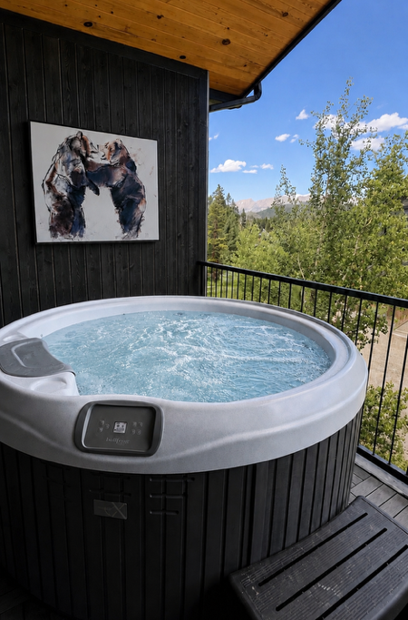 Soak away your cares in your private hot tub on the deck, surrounded by lush forest and mountain views under clear blue skies.