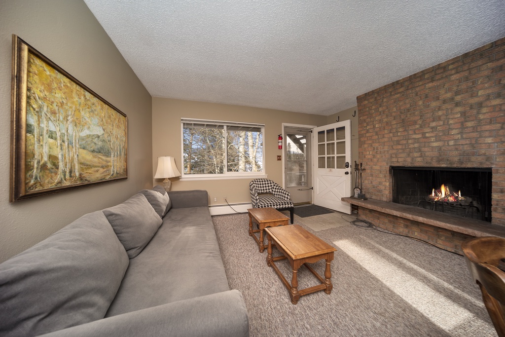 Cozy up by the crackling fireplace while natural light streams through windows, creating the perfect space for your relaxing getaway.