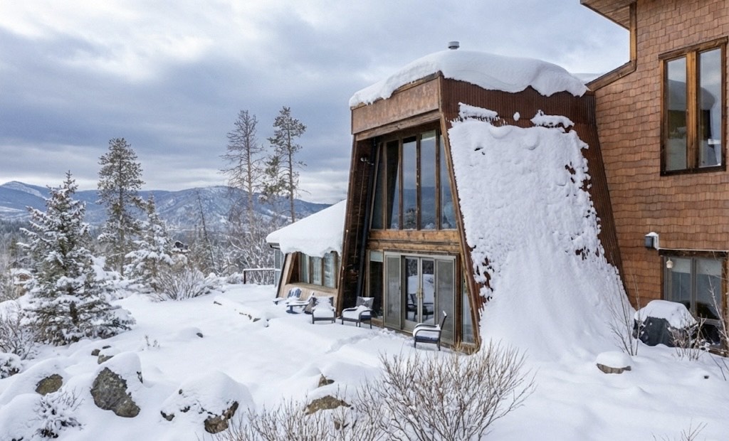 A stunning winter mountain retreat with snow-covered exteriors and panoramic alpine views.