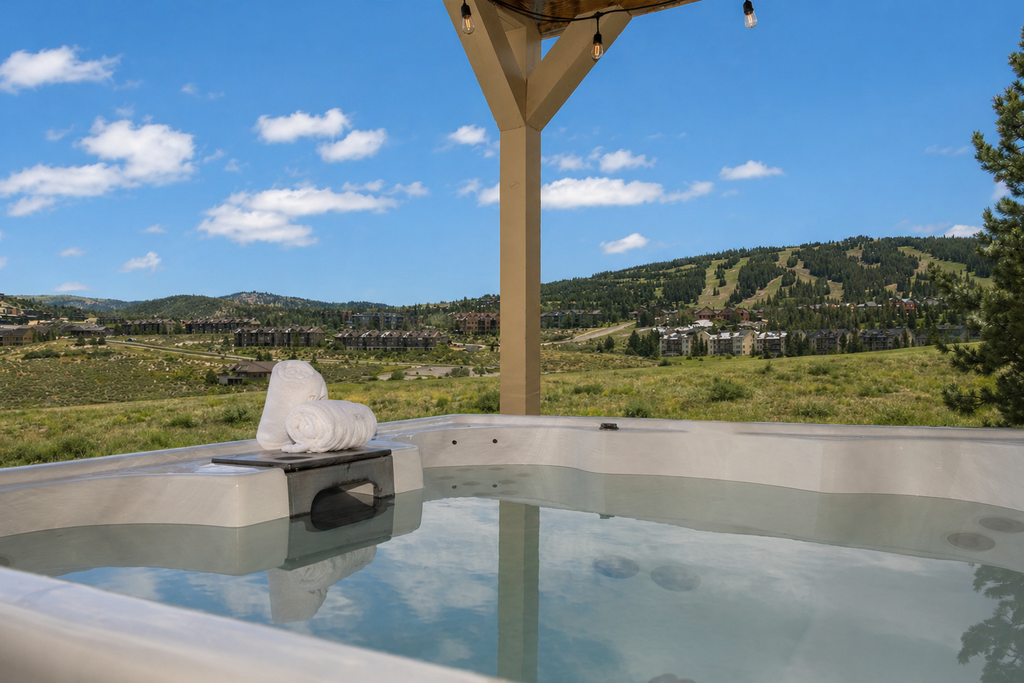 Soak in mountain views from your private hot tub, where towels await and peaceful landscapes stretch endlessly before you.