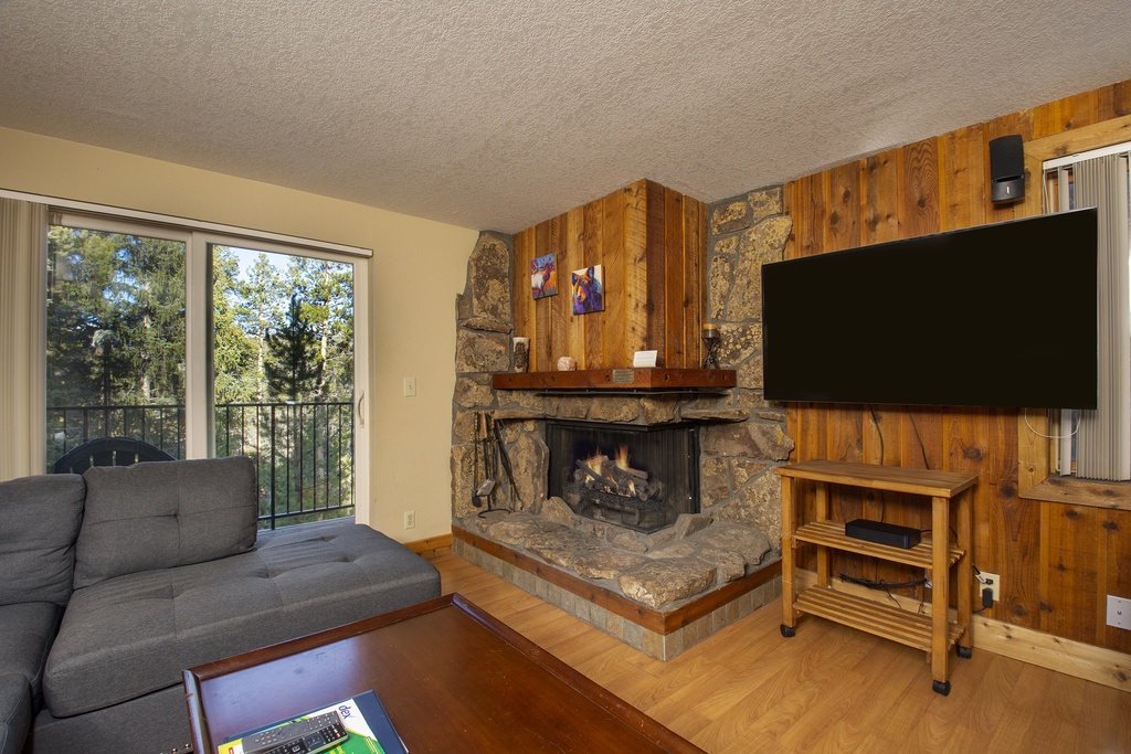 Cozy up by your stone fireplace while watching TV, with forest views through sliding doors creating the perfect mountain retreat atmosphere.