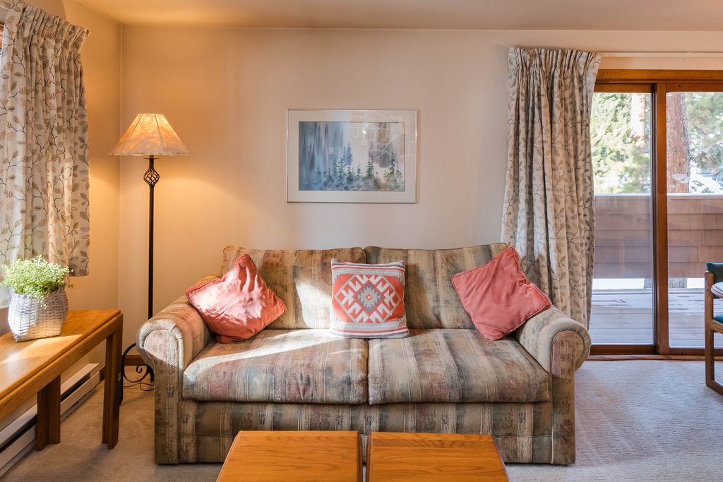 Sink into your comfortable sofa with colorful cushions and enjoy natural light streaming through large windows in this cozy living space.