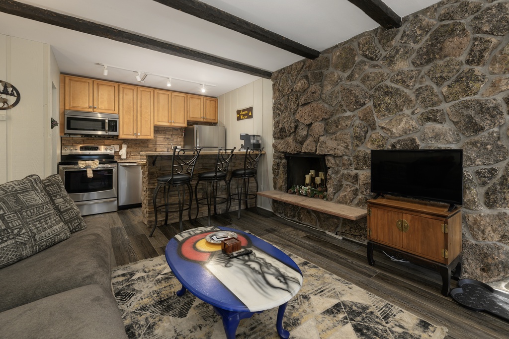 Unwind in your rustic-chic retreat where stone walls meet modern comfort. Cozy up by the fireplace after cooking in your fully equipped kitchen.