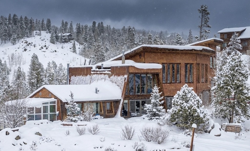 Snow-covered mountain chalet nestled among towering evergreens creates a winter wonderland setting.