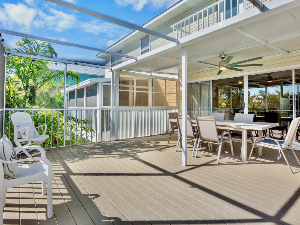 Covered deck offers dining for six