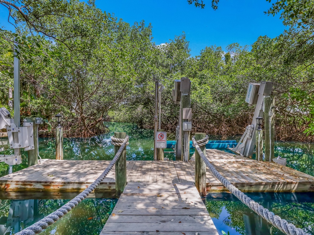 Private dock extends into crystal-clear waters surrounded by lush tropical foliage and bright blue skies.