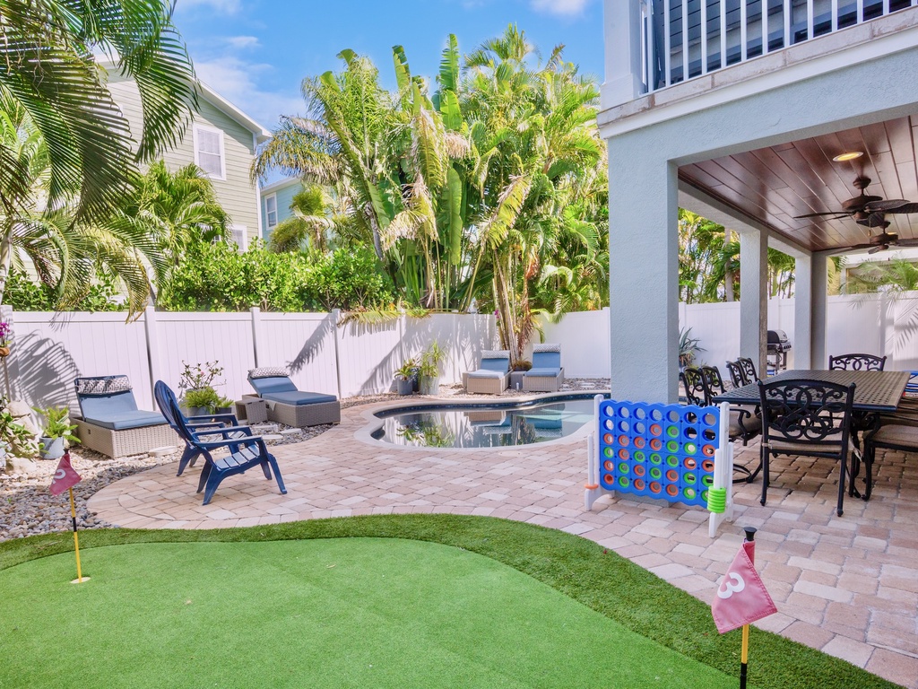 Patio with Cornhole, Putting Green, and Private Pool