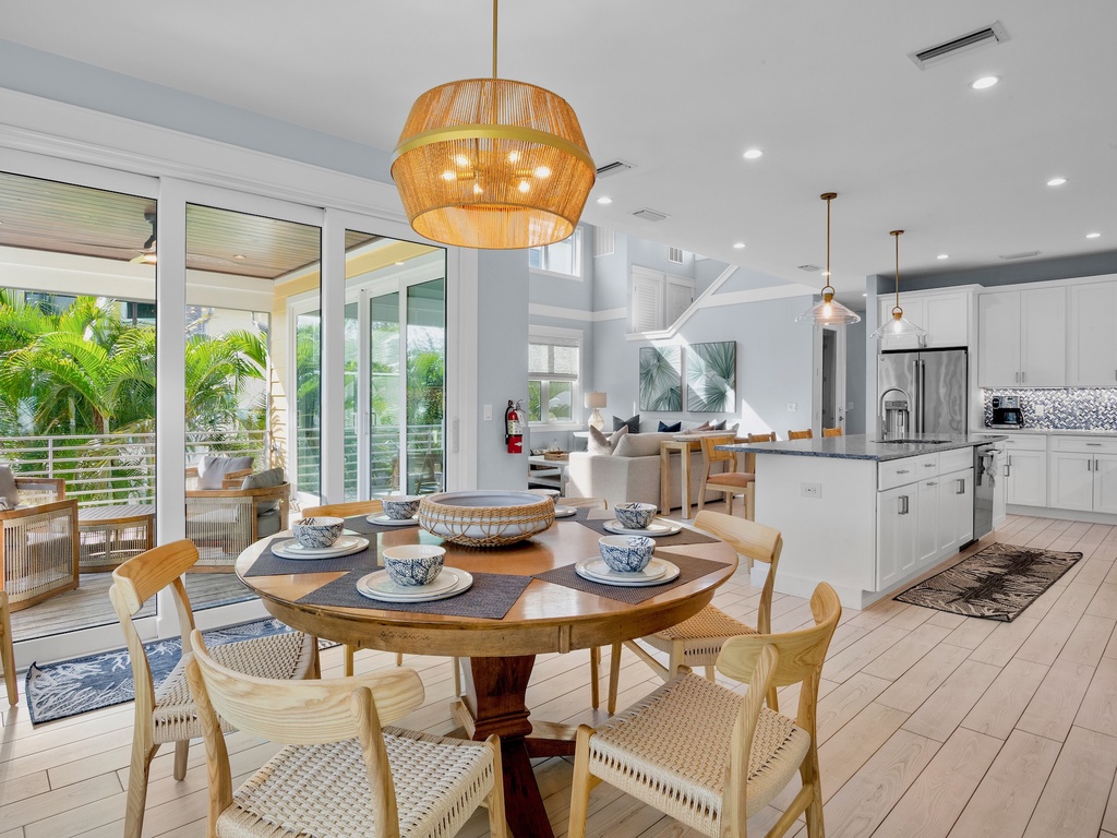 Open kitchen flows seamlessly into the dining area