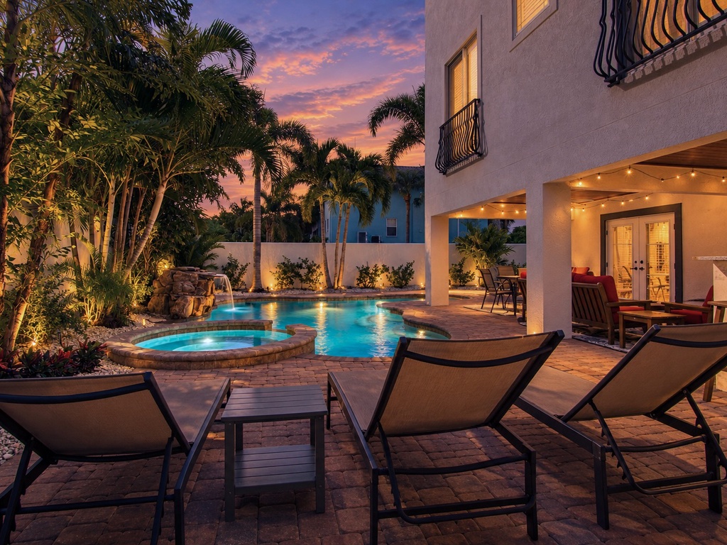 Poolside Loungers with Sunset View