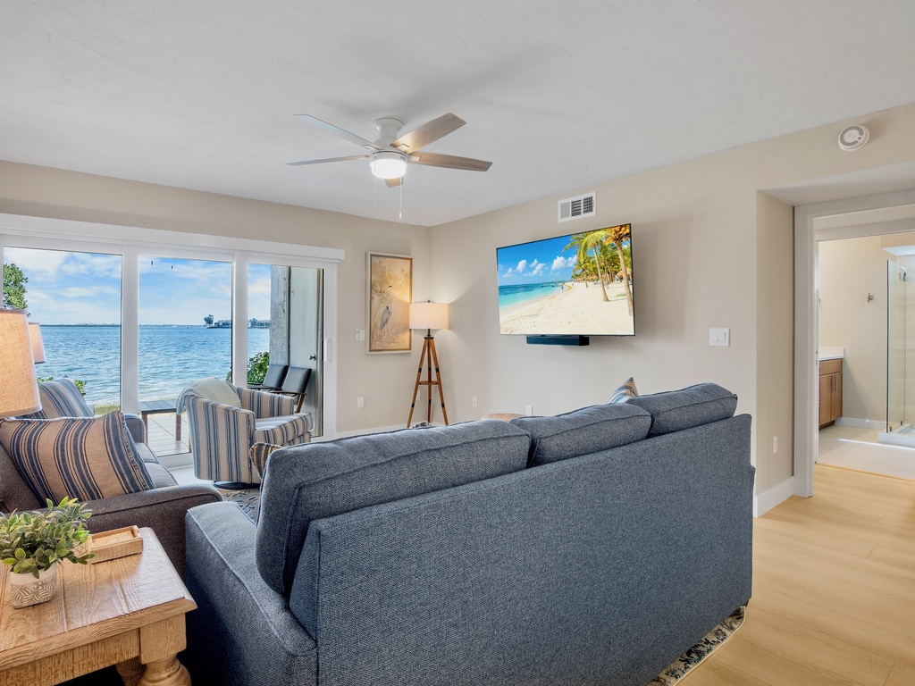 Waterfront living room with panoramic sea view
