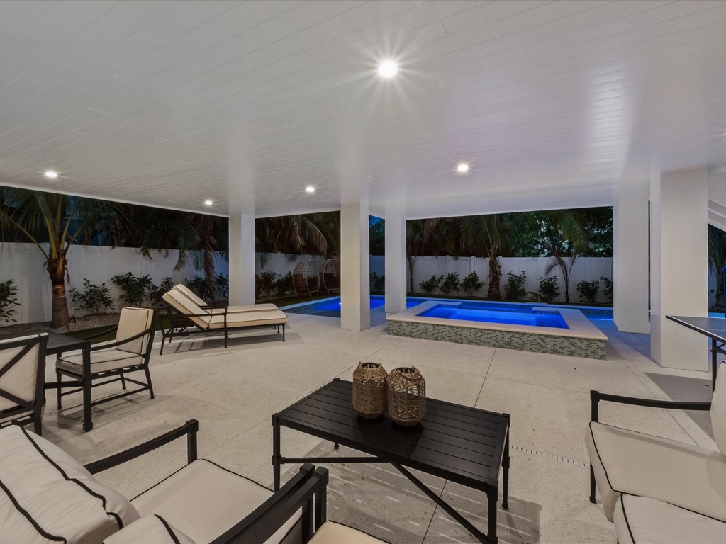 Private Backyard and Pool at twilight