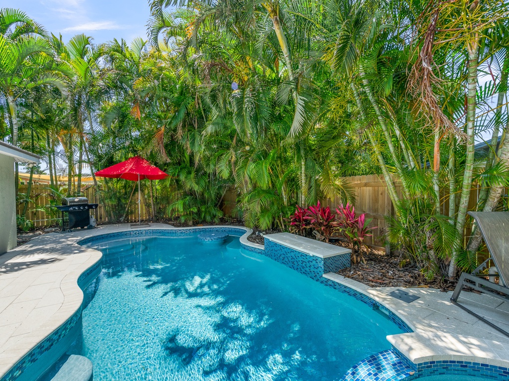 Private pool with spa, sun loungers, and BBQ grill