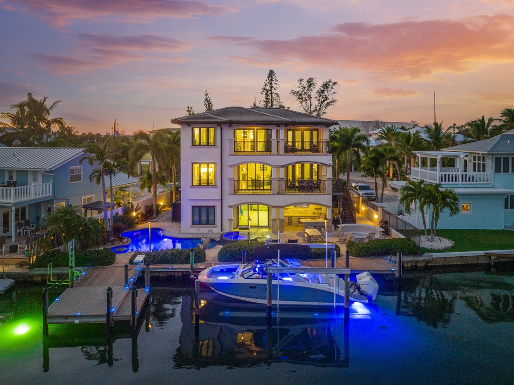 Waterfront property at sunset