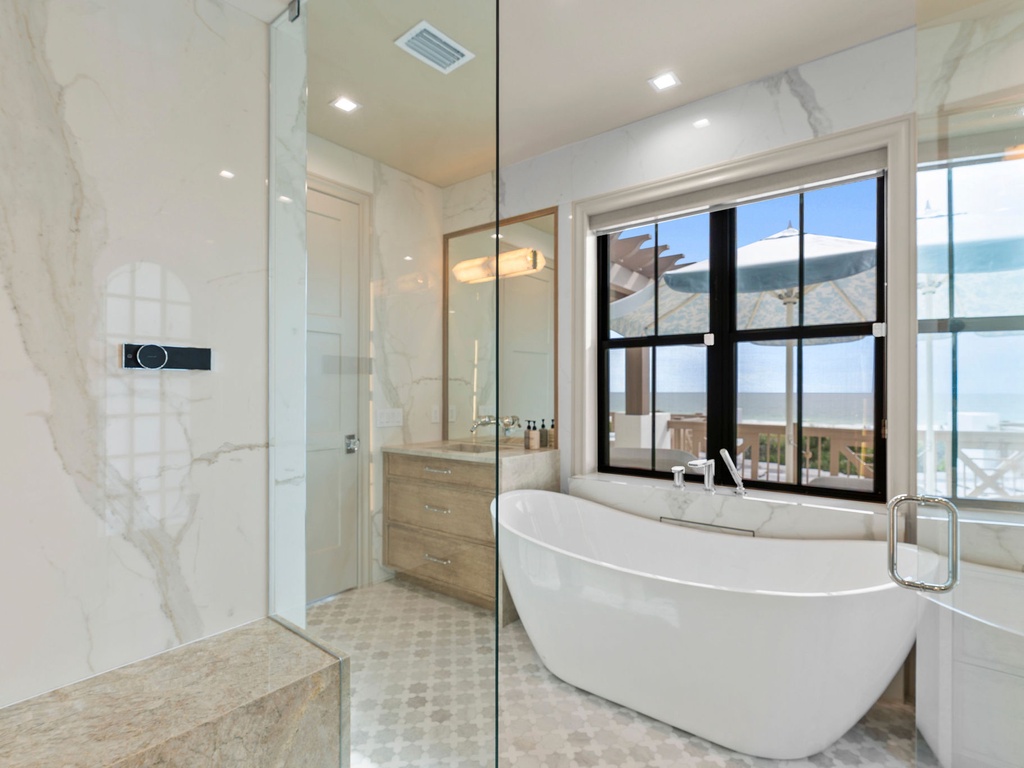 Primary Ensuite Bathroom with Rain Shower and Soaking Tub