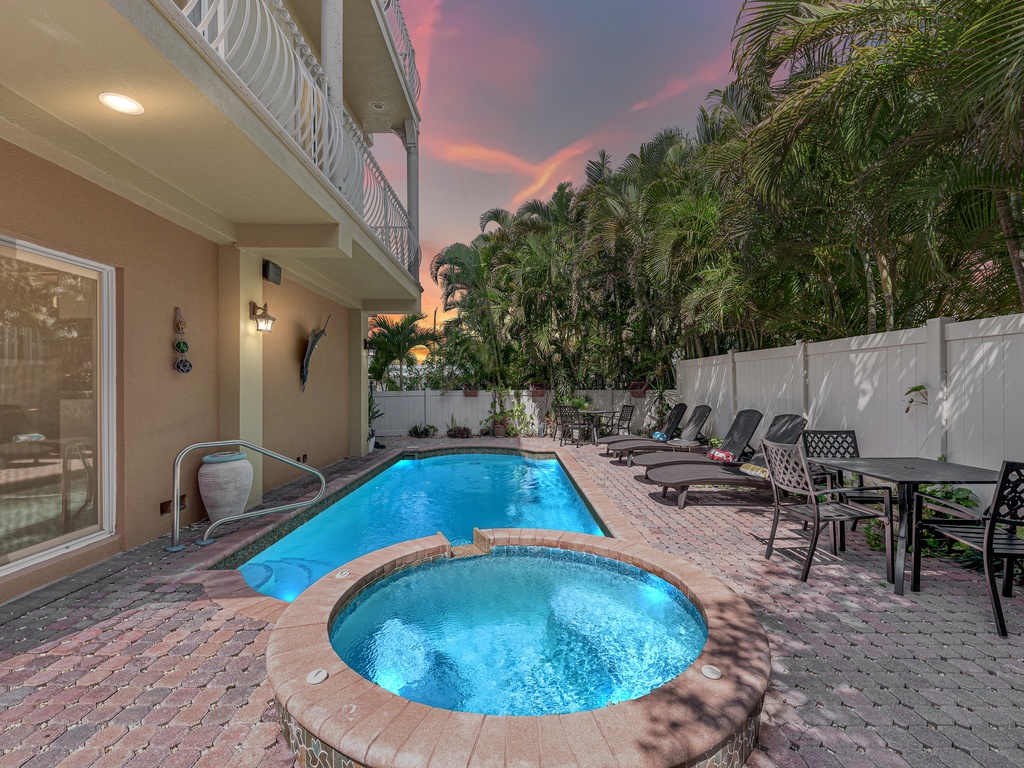 Private Pool with Lounge Space at Dusk
