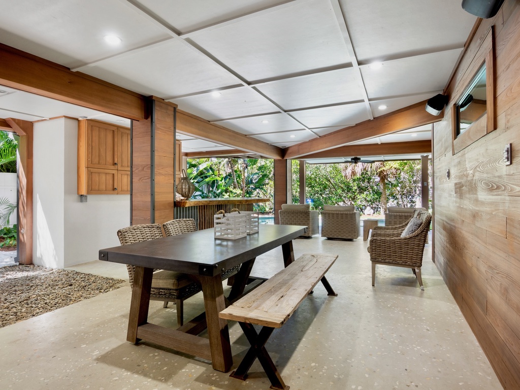 Covered outdoor dining and seating area