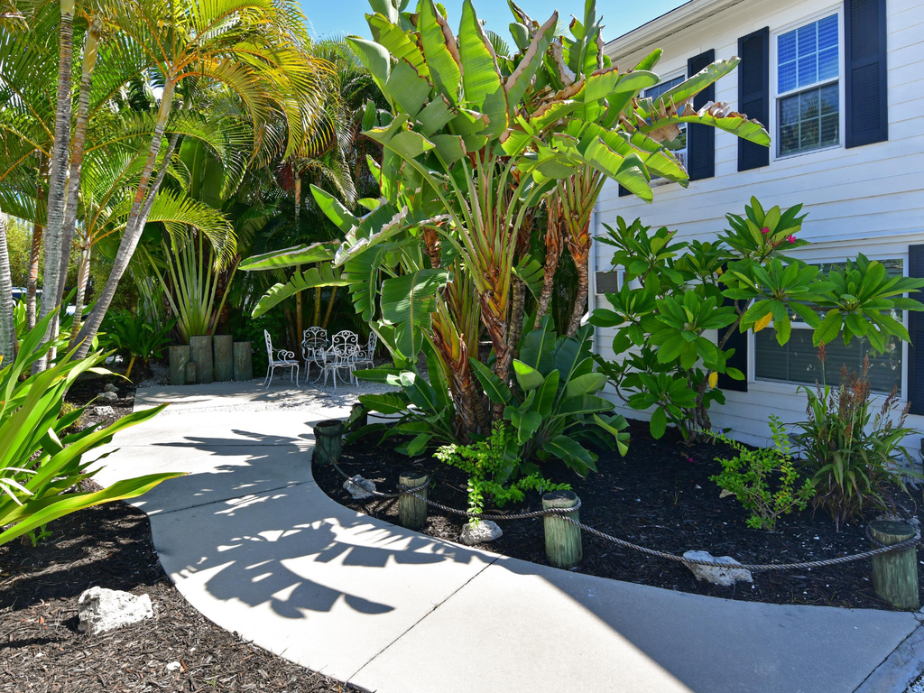 Tropical landscaping surrounds this coastal property with palm trees and decorative seating areas creating a resort-style atmosphere.