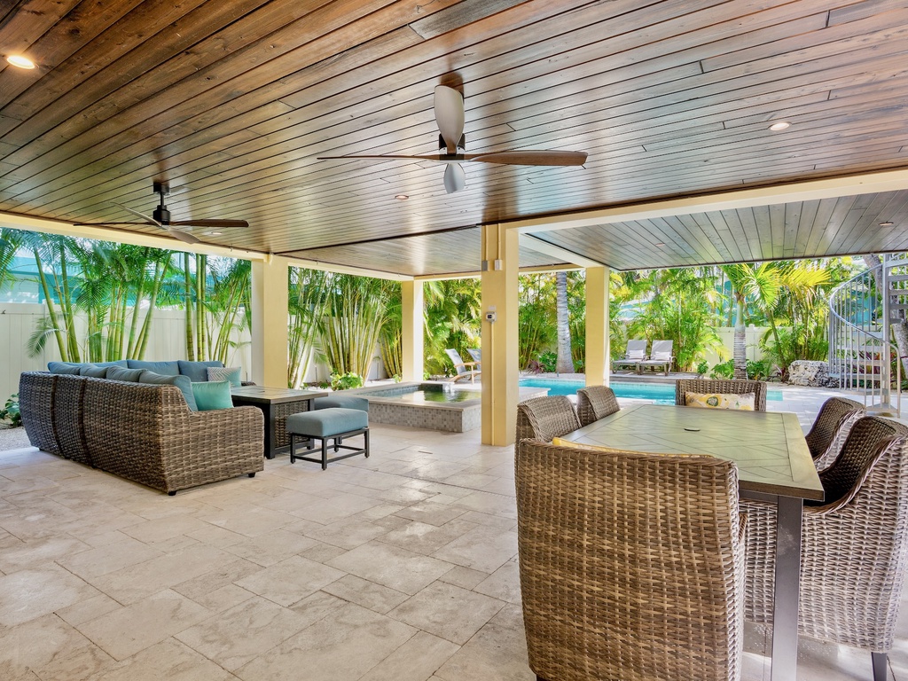 Covered outdoor lounge with comfortable seating