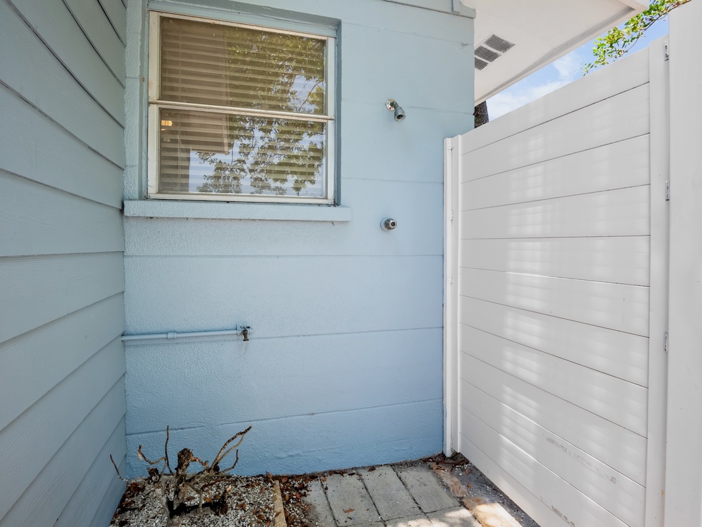 Outdoor shower for rinsing off after the beach.
