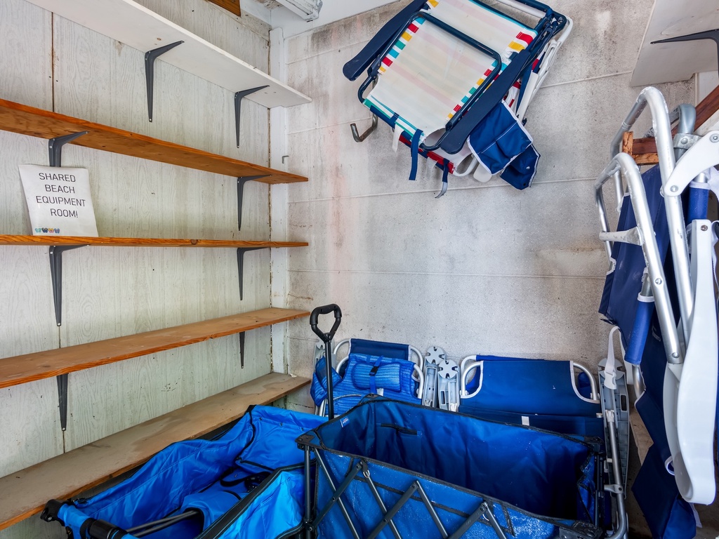 Beach chairs and supplies available for guests to enjoy.