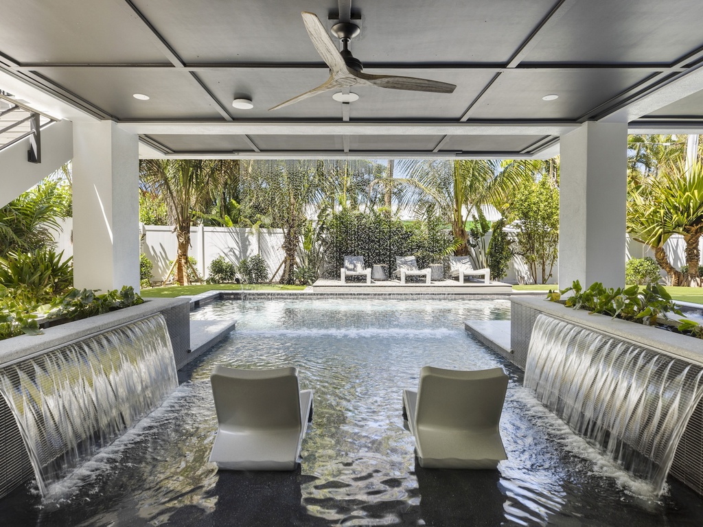 Covered Pool Lounge with Water Features