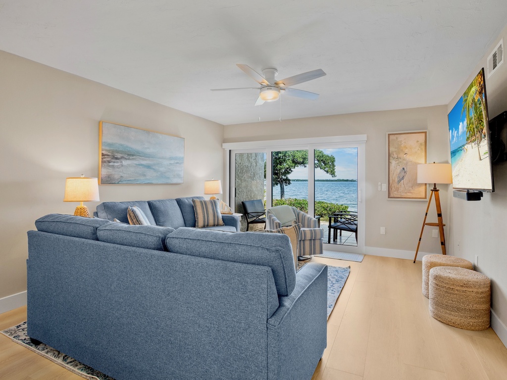 Bright living space with water views