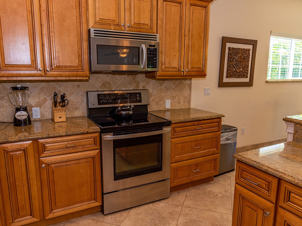Stainless appliances and a blender for frozen drinks!