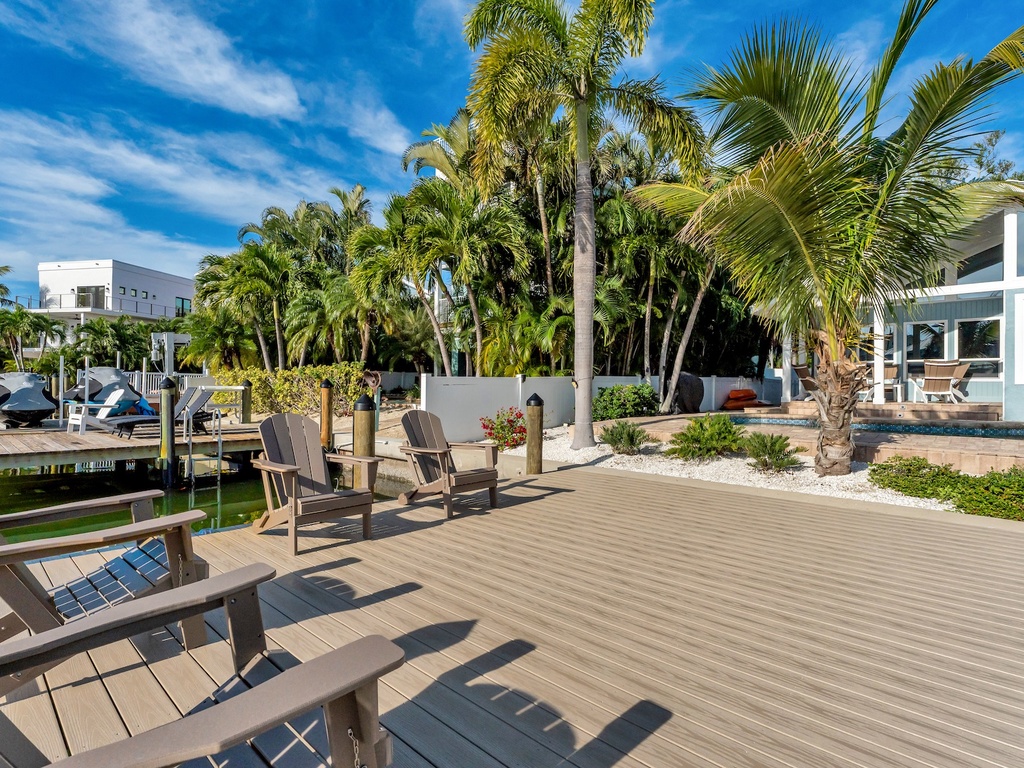 Private waterfront deck with comfortable seating