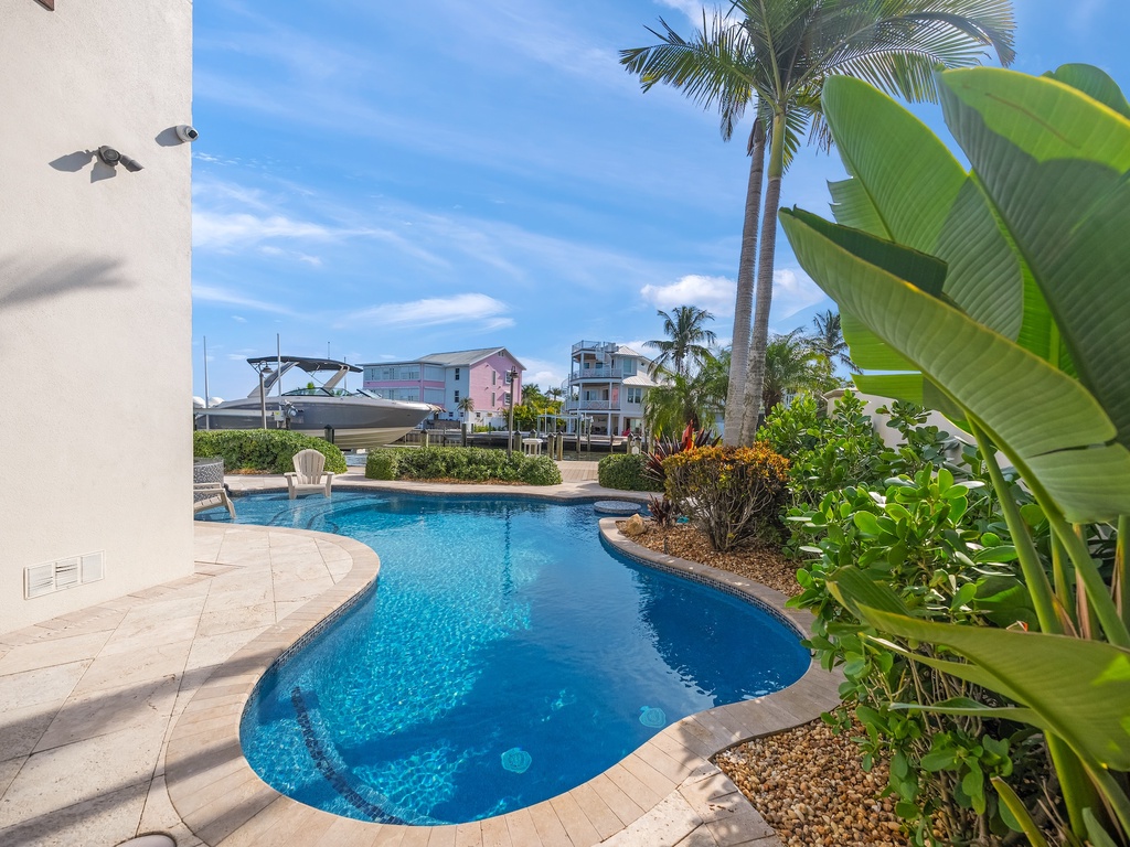 Pool surrounded by tropical palms and lush landscaping
