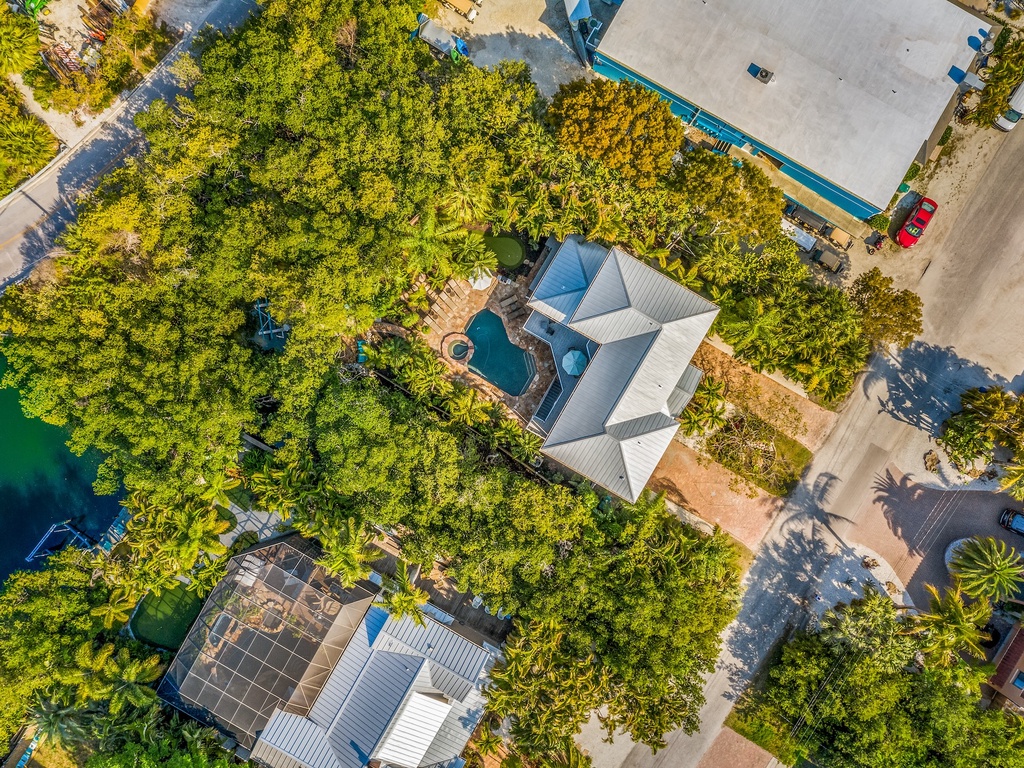 Aerial view of tropical vacation home nestled among lush palms with private pool and waterfront access in serene neighborhood setting.