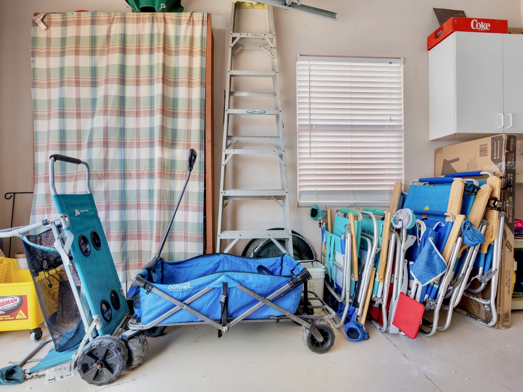 Beach chairs, wagon, and seasonal items