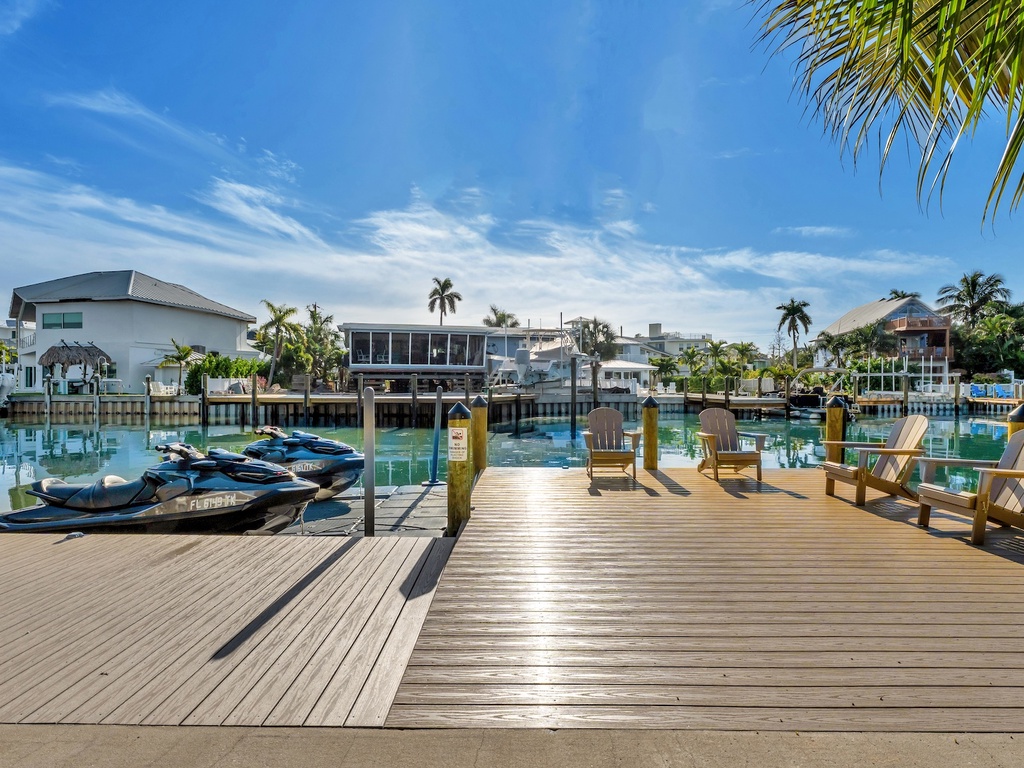 Private dock with Adirondack chairs