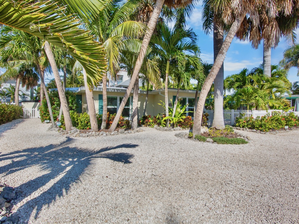 Tropical property entrance surrounded by swaying palm trees and lush landscaping in a peaceful residential setting.