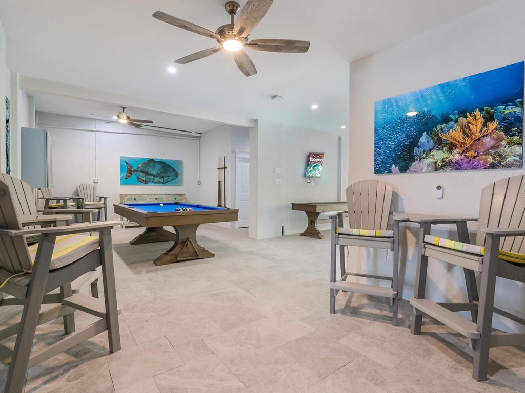Game Room with Bar, Pool Table, Shuffleboard and Cornhole