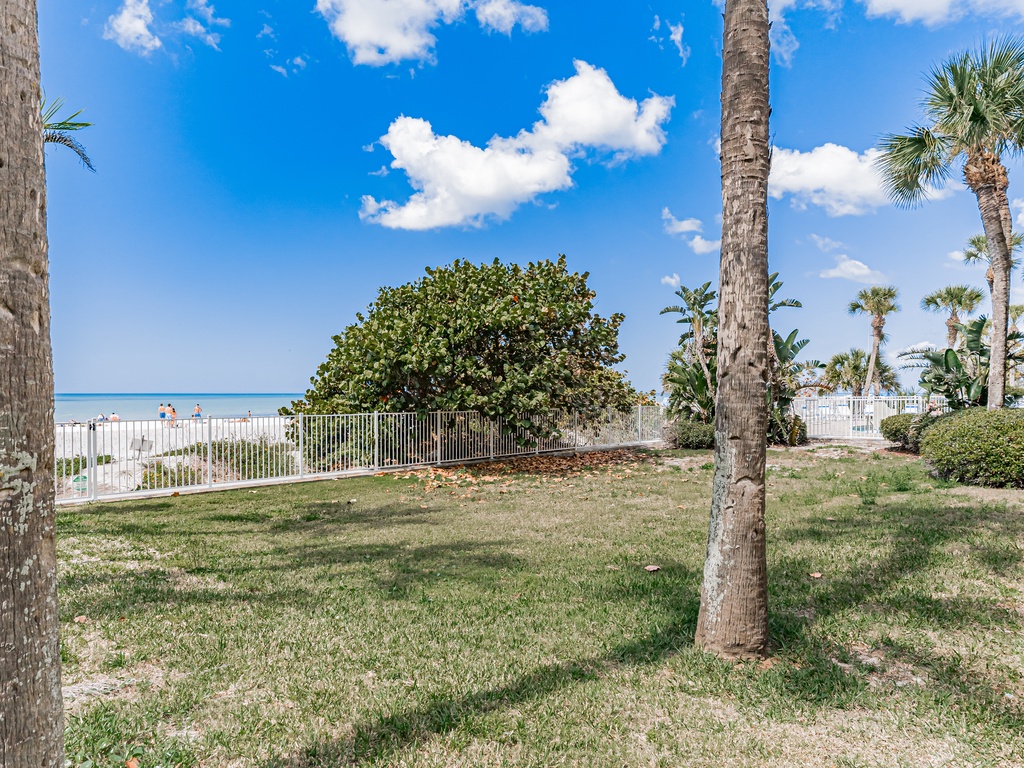 Tropical beachfront setting with palm trees and expansive lawn area leading to pristine sandy shores and crystal-clear waters beyond.