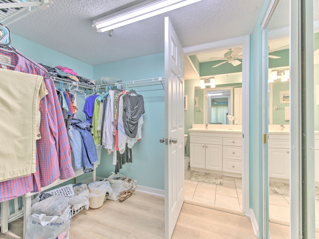 Pack light and unpack easy in your spacious walk-in closet, with ample hanging space and shelving to keep your vacation wardrobe organized.